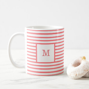 Coral Red and White Stripes Custom Monogram Coffee Mug
