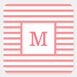 Coral Red and White Stripes Custom Monogram Square Sticker