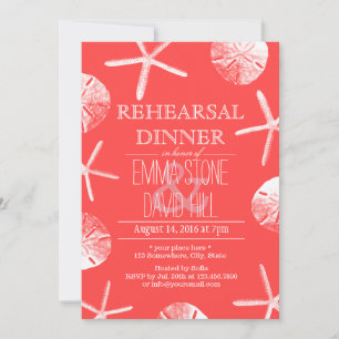 Coral Red Beach Theme Wedding Rehearsal Dinner Invitation