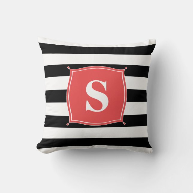 Coral Red & Black Monogram Striped | Throw Pillow (Front)
