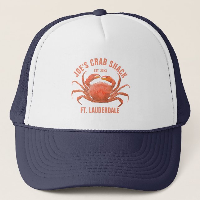 Coral Red Blue Sea Crab Illustration Trucker Hat (Front)