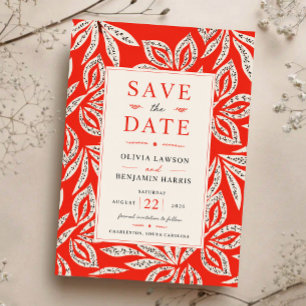 Coral Red Botanical Modern Tropical Elegant Leaf Save The Date