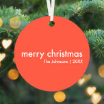 Coral Red Christmas | Simple Plain Minimalist Metal Ornament<br><div class="desc">Simple, stylish "merry christmas" quote christmas tree ornament with modern typography in white on a tomato coral red background in a minimalist 'scandi' scandinavian design style. The ornament can be easily personalized with your own holiday greeting, family name and year to make a truly bespoke christmas holiday decoration for the...</div>