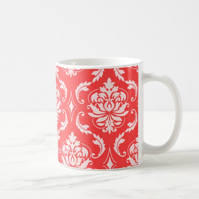 Coral Red Classic Damask Pattern Coffee Mug (Right)
