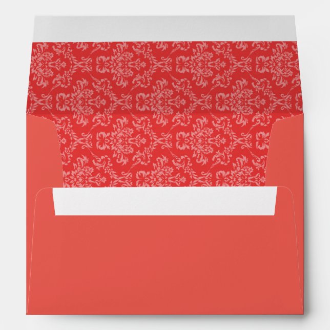 Coral Red Damask Monogram Personalized Envelopes (Back (Bottom))