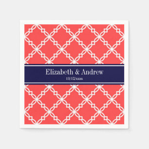 Coral Red Fancy Quatrefoil Navy Name Monogram Napkin