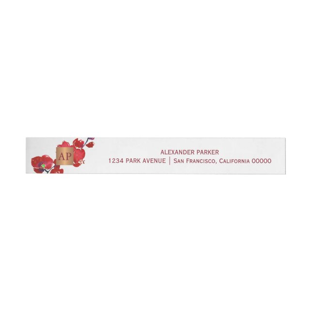 Coral red floral metallic copper monogrammed wraparound address label (Individual)