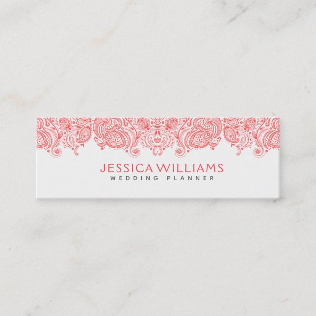 Coral red Floral Paisley Lace Mini Business Card (Front)