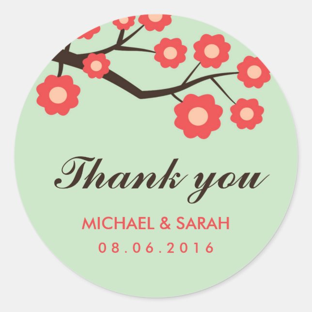 Coral Red Floral Wedding Favour Thank You Sticker (Front)