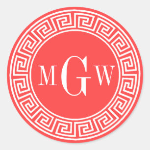 Coral Red Greek Key Monogram Envelope Seals Favour