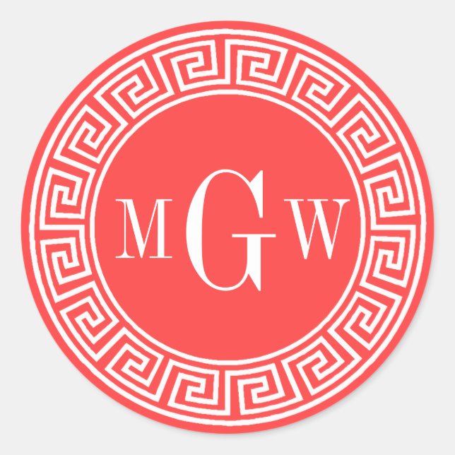 Coral Red Greek Key Monogram Envelope Seals Favour (Front)