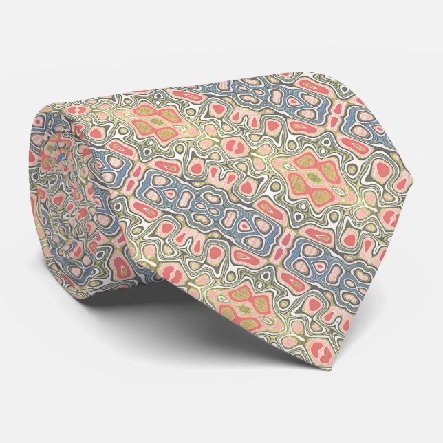 Coral Red Green Pastel Blue Nouveau Deco Pattern Tie (Rolled)