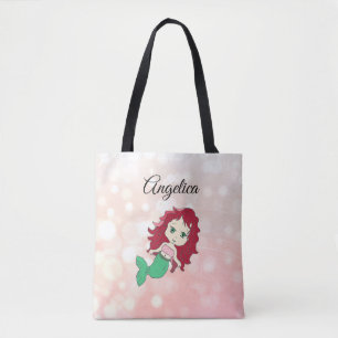 Coral Red Haired Mermaid Personalized Tote Bag