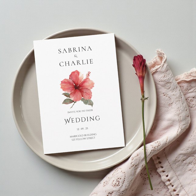 Coral Red Hibiscus Floral Tropical Wedding Invitation (Coral Red Hibiscus Floral Tropical Wedding Invitation)