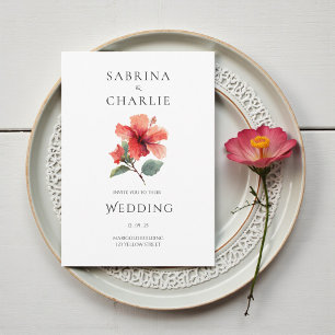 Coral Red Hibiscus Floral Tropical Wedding Invitation