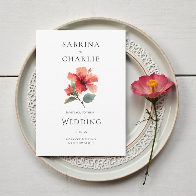 Coral Red Hibiscus Floral Tropical Wedding Invitation (Coral Red Hibiscus Floral Tropical Wedding Invitation)
