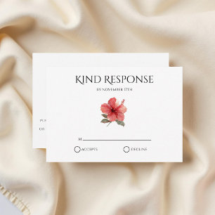 Coral Red Hibiscus QR Code Tropical Modern Wedding RSVP Card