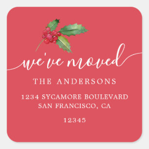 Coral Red Holly We’ve Moved Address Square Sticker