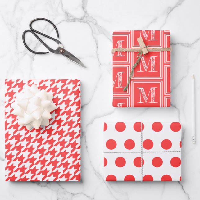 Coral Red Houndstooth Monogram Polka Dot Wrapping Paper Sheet (Front)