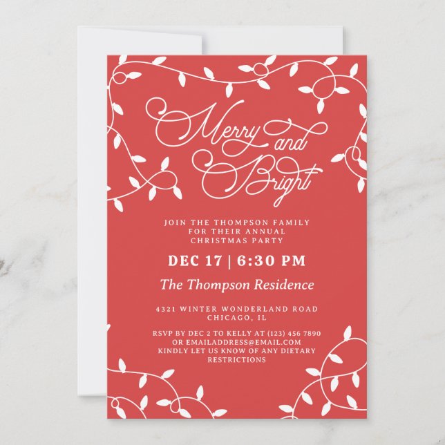 Coral Red Merry String Lights Christmas Party Invitation (Front)