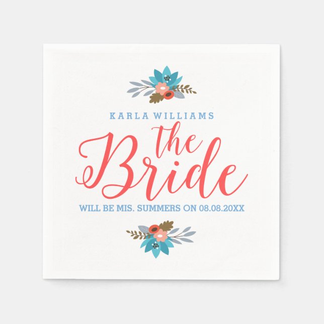 Coral Red Modern Text-The Bride & Blue Flowers Napkin (Front)