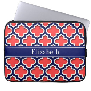 Coral Red Navy 5c Moroccan #5DS Navy Name Monogram Laptop Sleeve