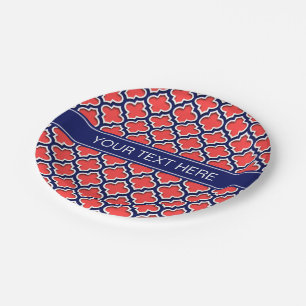 Coral Red Navy 5c Moroccan #5DS Navy Name Monogram Paper Plate