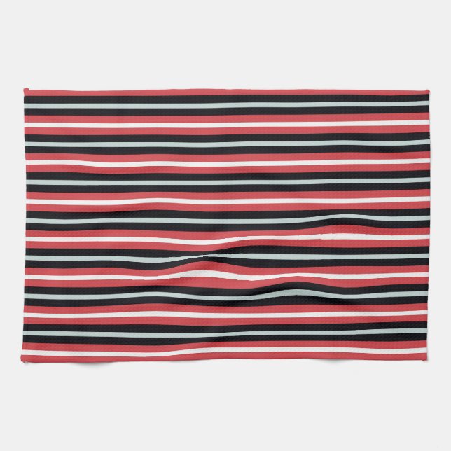 Coral Red Navy Blue White Stripes Kitchen Towel (Horizontal)