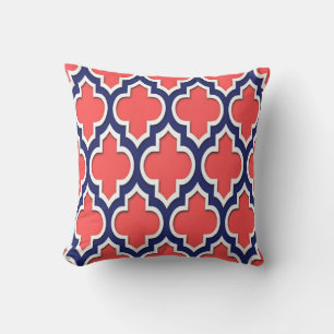 Coral Red Navy White Moroccan Quatrefoil #4DS Outdoor Pillow