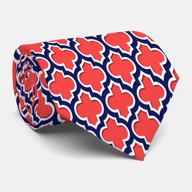 Coral Red Navy White Moroccan Quatrefoil #4DS Tie (Rolled)