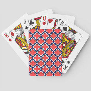 Coral Red, Navy White Moroccan Quatrefoil #5DS Playing Cards