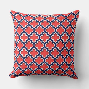 Coral Red, Navy White Moroccan Quatrefoil #5DS Throw Pillow