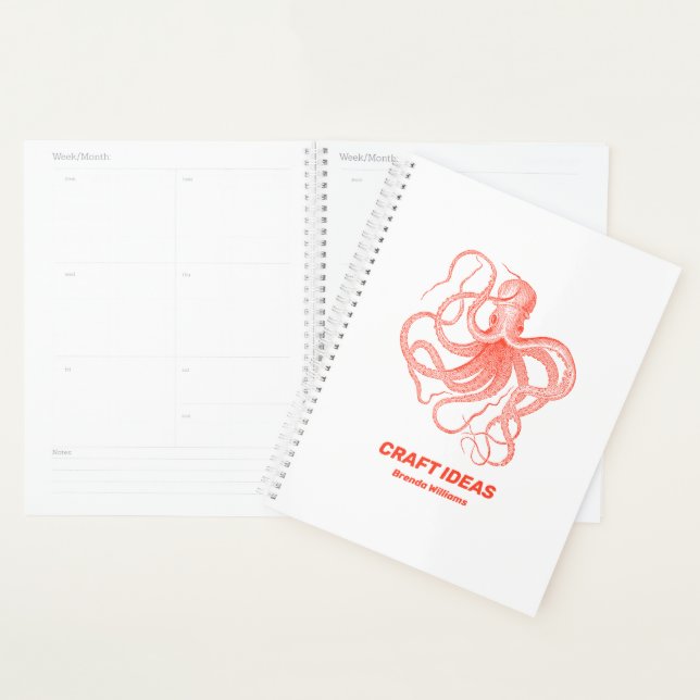 Coral-red octopus on white background planner (Display)