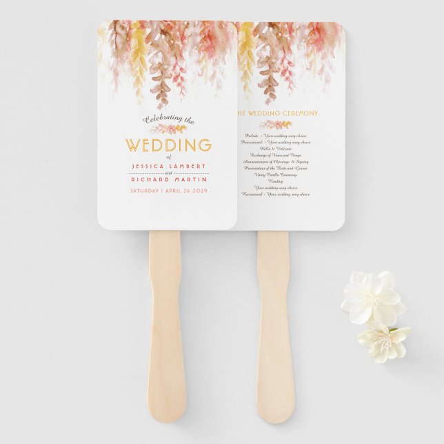 Coral red orange brown autumn fall wedding program hand fan (Front and Back)
