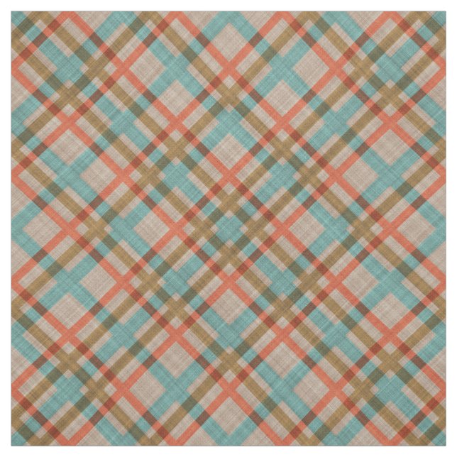 Coral Red Orange Turquoise Blue Plaid Pattern Fabric (Swatch)