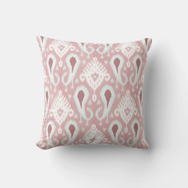 Coral Red Pastel Seafoam Green Ikat Tribal Pattern Outdoor Pillow (Front)