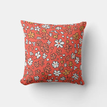 Coral Red Pillow with White and Pink Flowers