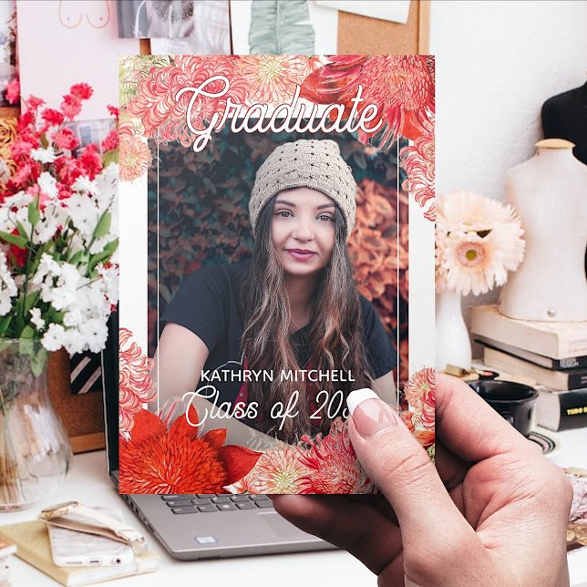 Coral Red Pink Botanical Boho Floral Graduation Announcement (Creator Uploaded)