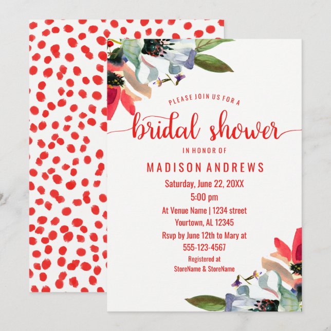 Coral Red Poppy Floral Bridal Douche Invitation (Devant / Derrière)