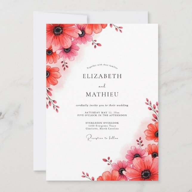 Coral Red Refined Botanical Wedding Invitation (Front)