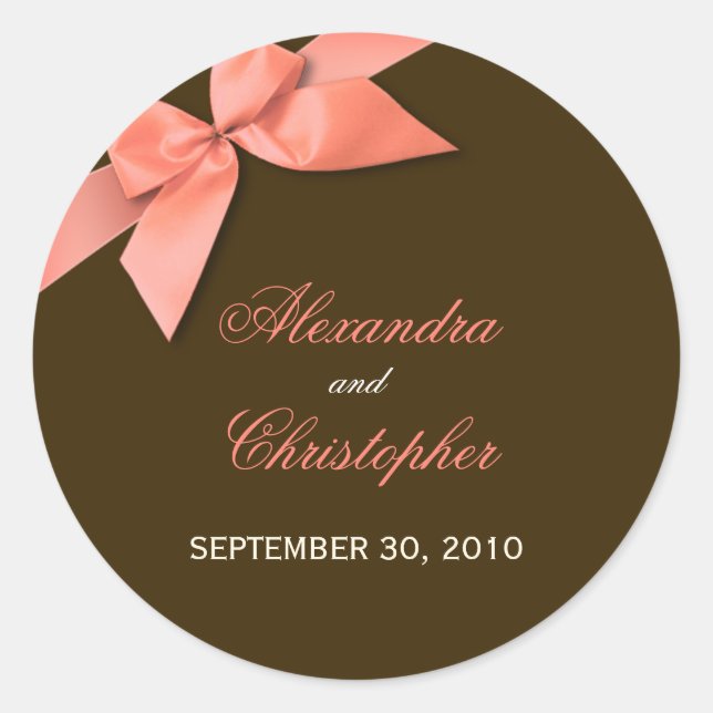 Coral Red Ribbon Wedding Invitation Announcement Classic Round Sticker (Front)