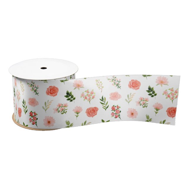 Coral Red Roses and Foliage Pattern Satin Ribbon (Spool)