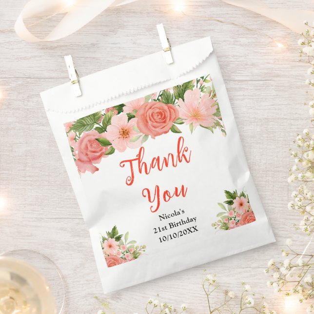 Coral Red Roses Birthday Thank You Favour Bag (Clipped)