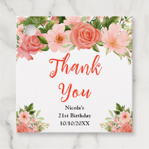 Coral Red Roses Birthday Thank You Favour Tags