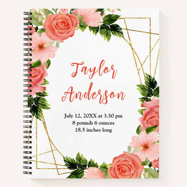 Coral Red Roses Floral Baby Birth Stats Notebook (Front)