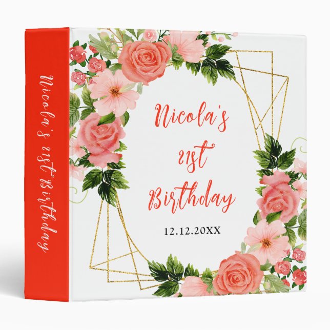Coral Red Roses with Foliage Birthday Photo Album Binder (Front/Spine)
