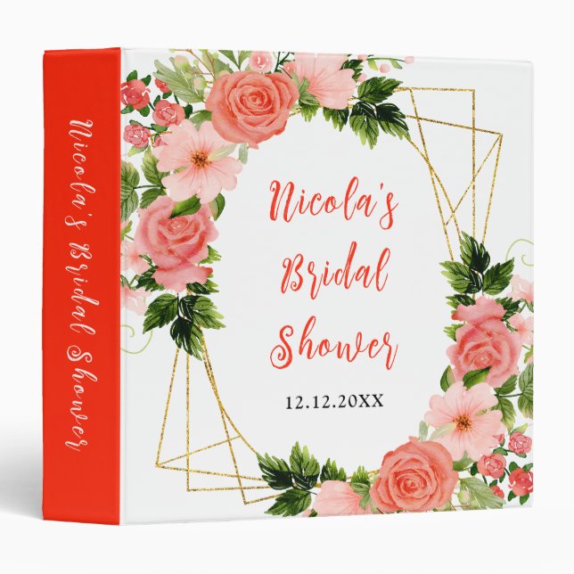 Coral Red Roses with Foliage Bridal Shower Binder (Front/Spine)