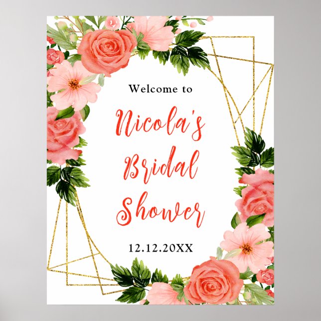 Coral Red Roses with Foliage Bridal Shower Welcome Poster (Front)