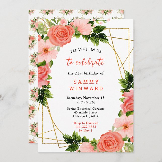 Coral Red Roses with Foliage Invitation (Front/Back)