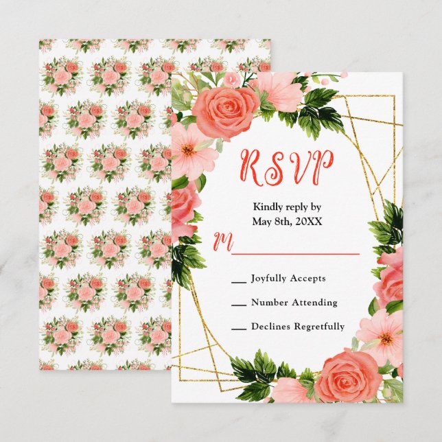 Coral Red Roses with Foliage RSVP Card (Front/Back)
